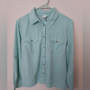 Jaclyn Smith Teal & White plaid Tab Sleeve blouse Casual Coastal Minimalist